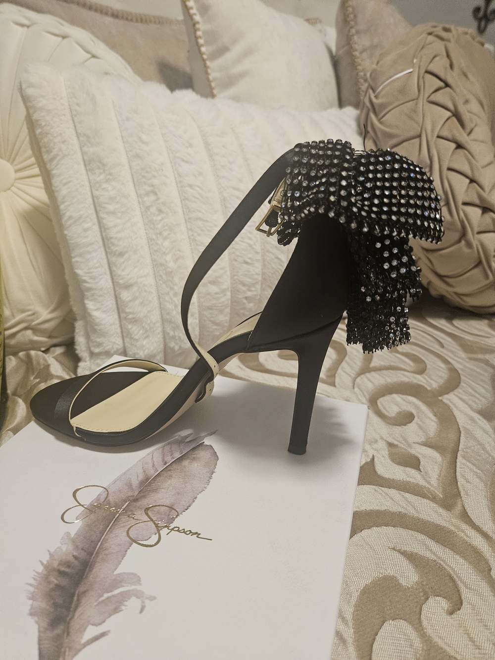 Jessica Simpson Black Crystal-Embellished Ankle-Strap Heels